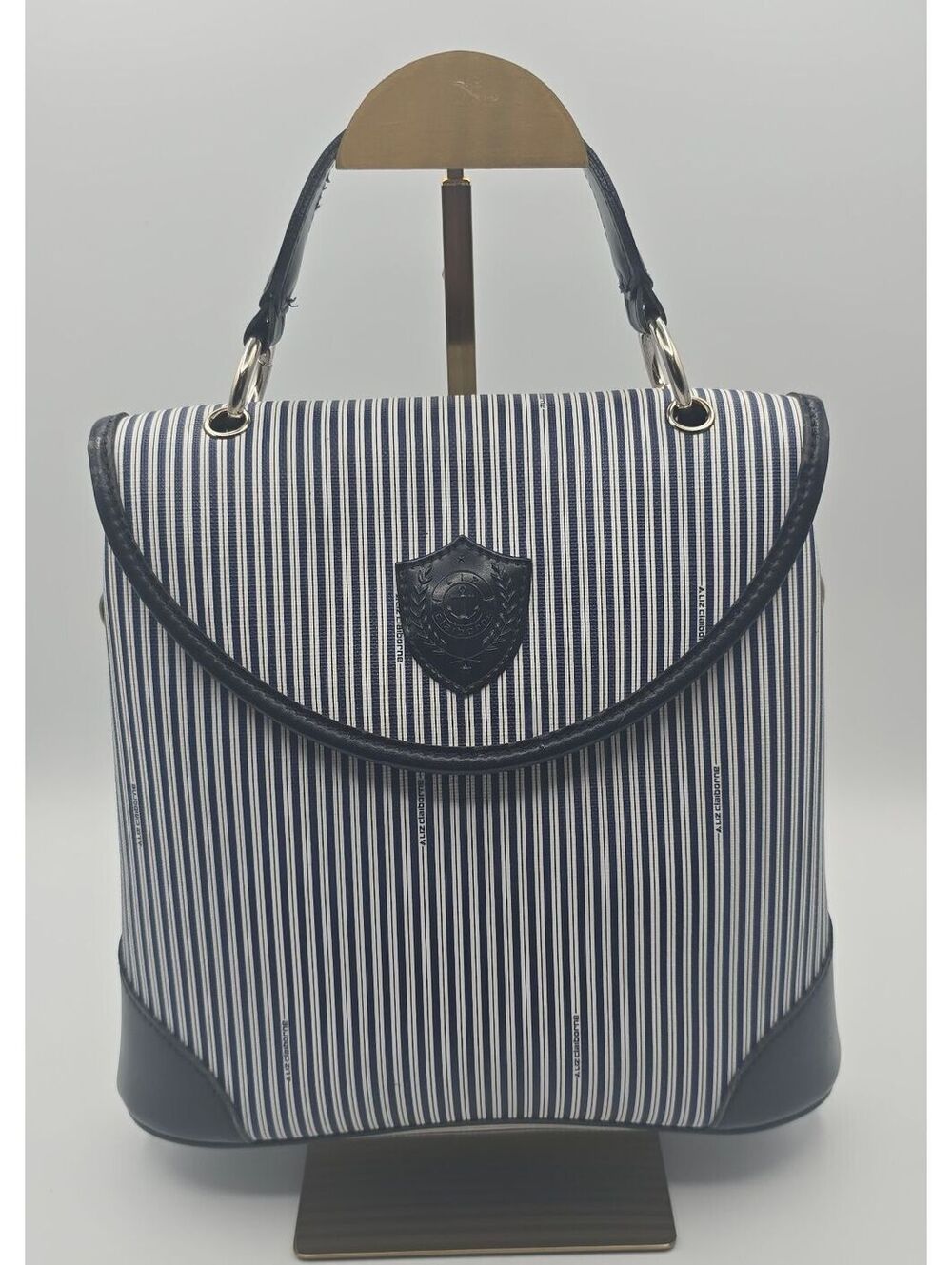 Vintage LIZ by Liz Claiborne Navy & White Striped Faux Leather Nautical Handbag - Picture 2 of 14